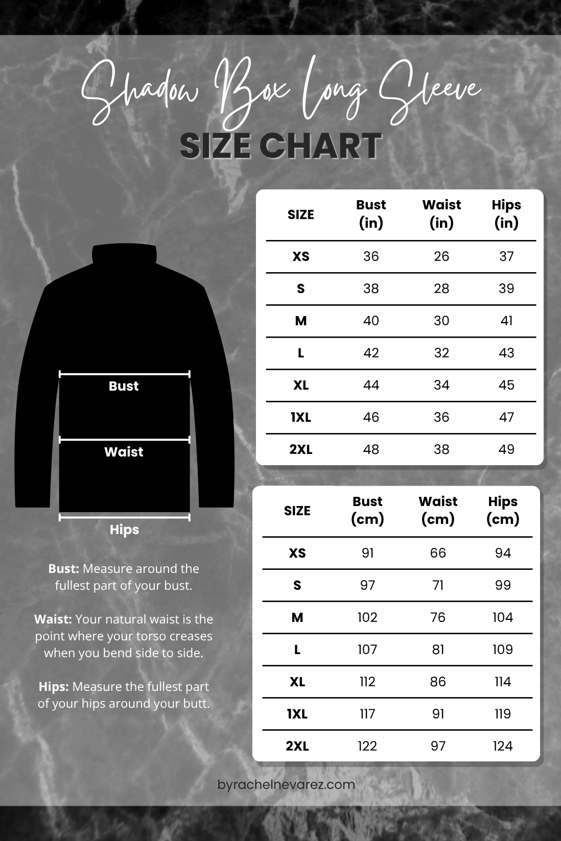 shadow box long sleeve size chart