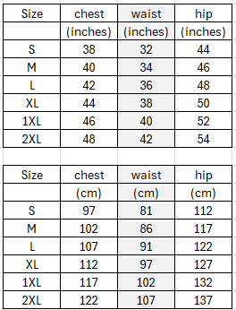 Table showing chest, waist, and hip measurements for various sizes.
