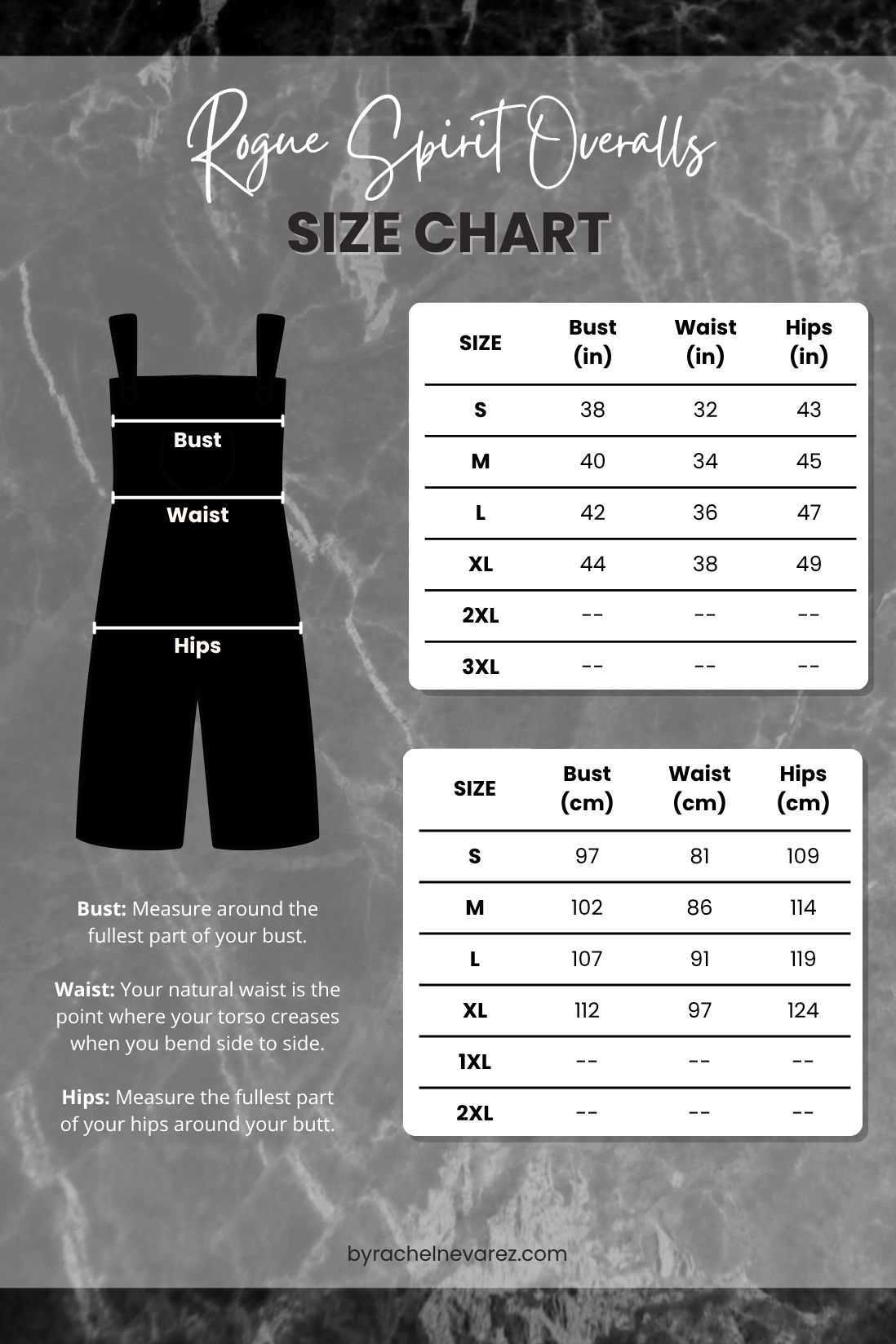 Size chart for Rogue Spirit Overalls with measurements in inches and centimeters on a textured background.