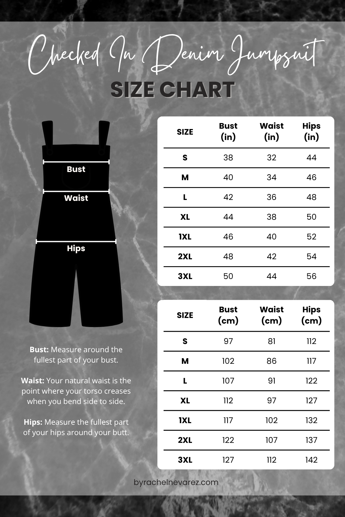 A size chart graphic for a checked-in denim jumpsuit, showing a black apron-style silhouette with labeled bust, waist, and hips sections alongside two tables of measurements in inches for sizes S through 3XL on a gray textured background.