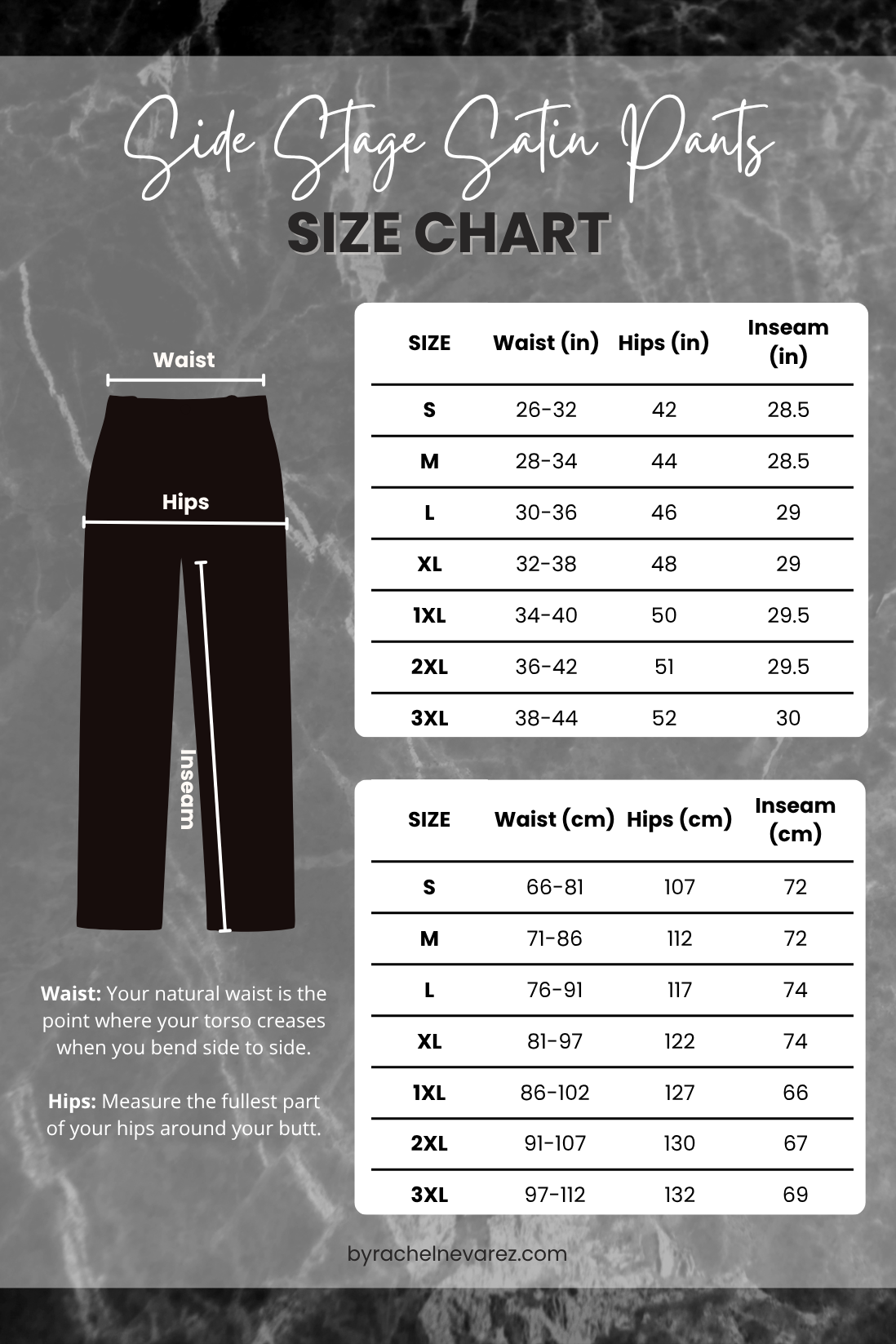 Side stage satin pants size chart.