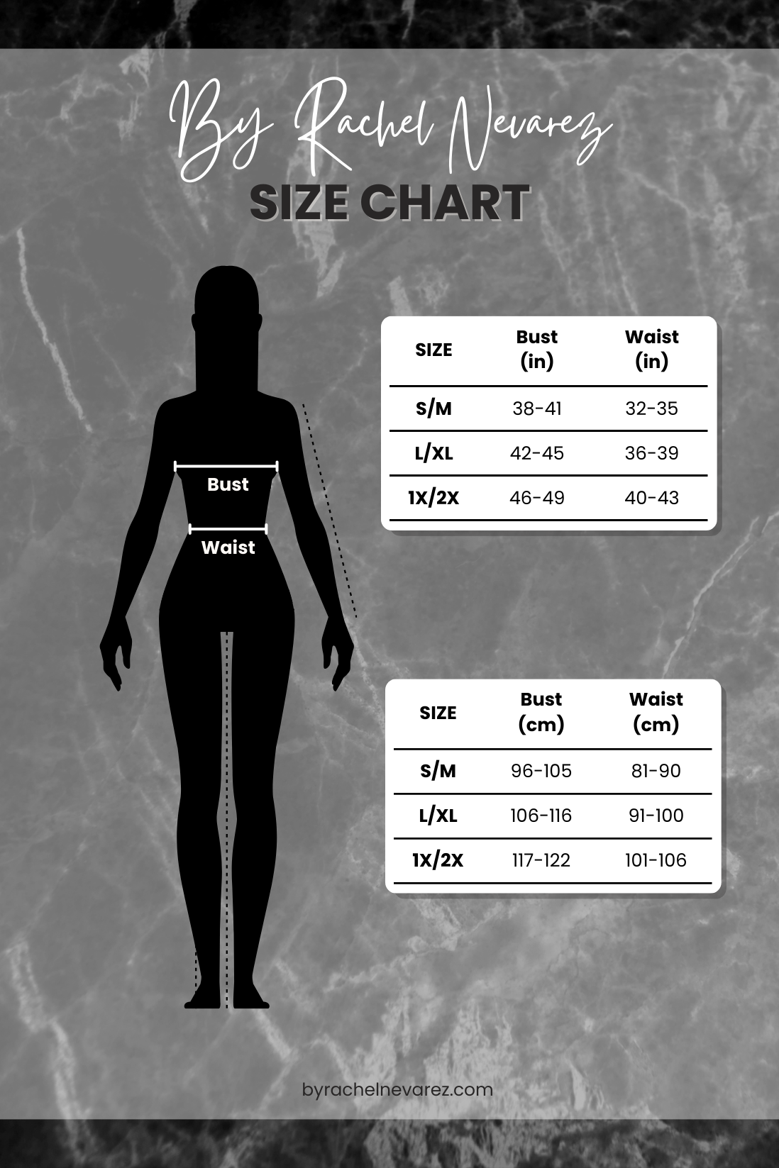Size chart for clothing with bust and waist measurements on a gray background