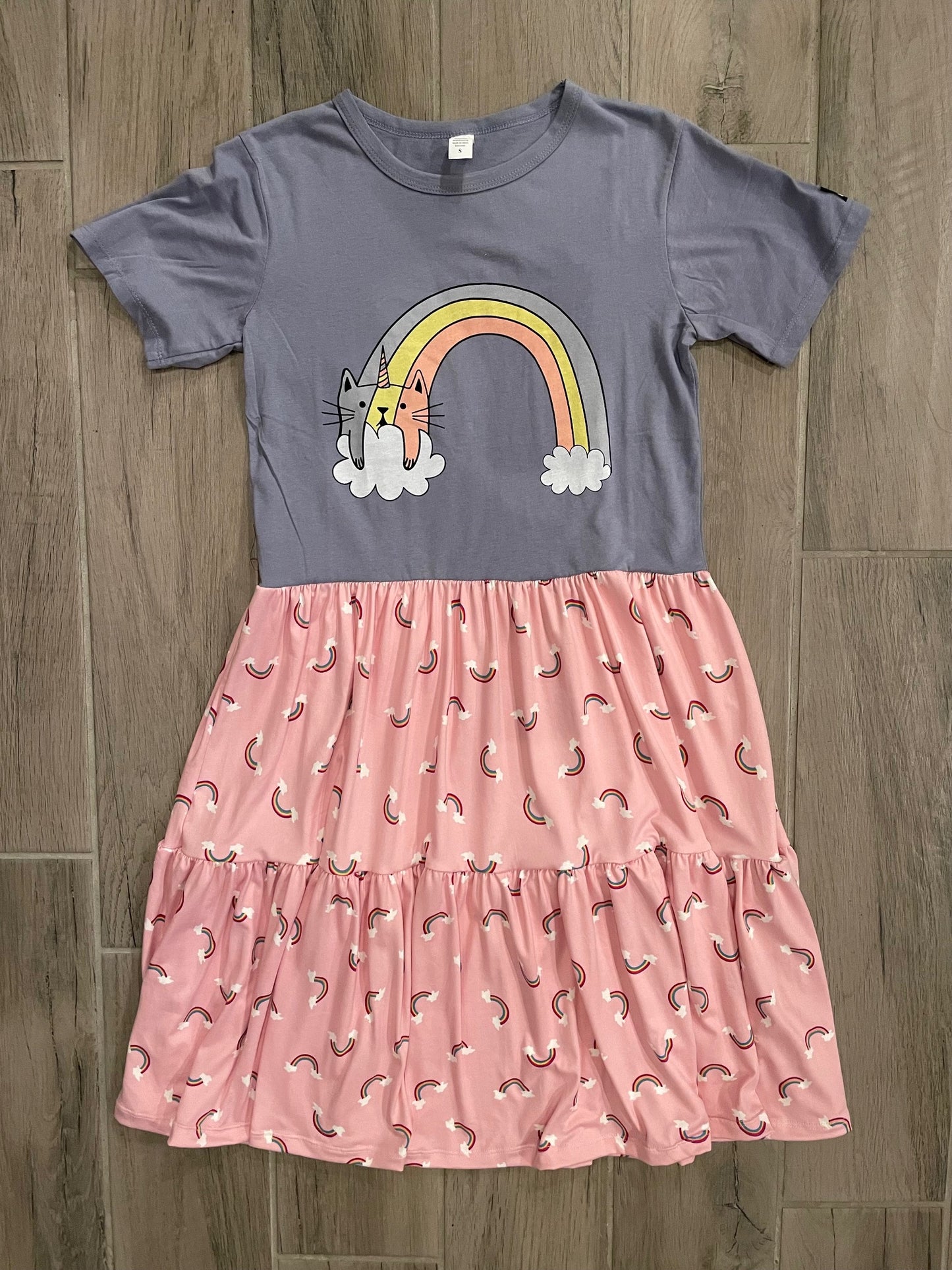 Upcycled Tee Dress - Cat Unicorn Rainbow