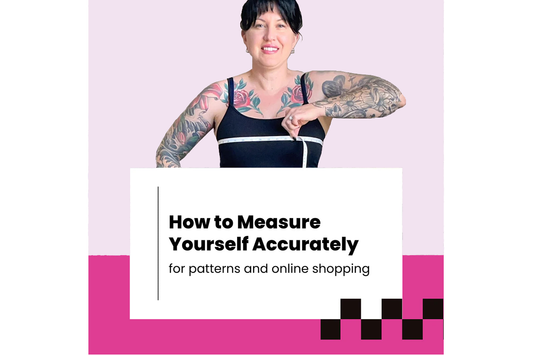Woman measuring their bust with a tape measure while wearing a black tank top, with text that reads 'How to Measure Yourself Accurately for patterns and online shopping' on a pink and white background.