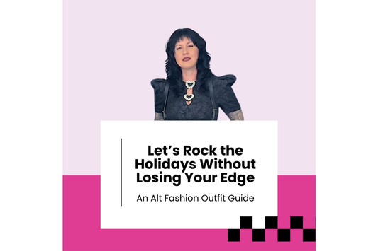 Graphic featuring an alternative fashion model wearing a black dress with puff sleeves and heart accessories, above the title “Let’s Rock the Holidays Without Losing Your Edge: An Alt Fashion Outfit Guide” on a pink and white background.