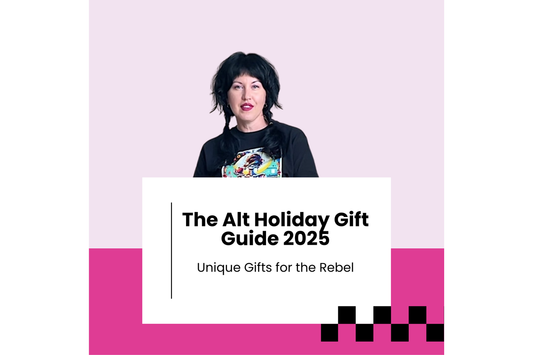 Woman with black hair wearing a graphic T-shirt stands against a pink and white background, with text that reads 'The Alt Holiday Gift Guide 2025: Unique Gifts for the Rebel.