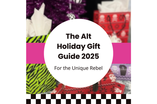 Graphic for The Alt Holiday Gift Guide 2025 featuring colorful alternative-style gift bags and bold graphic design elements.
