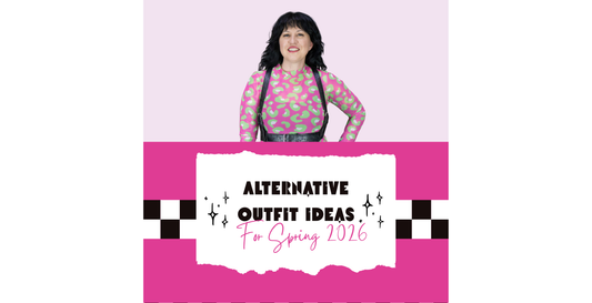 Alternative outfit ideas for spring 2026 blog header with model wearing pink leopard print top and harness