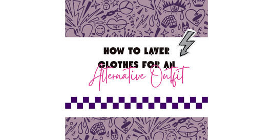Alternative fashion blog graphic with purple doodle background, bold headline “How to Layer Clothes for an Alternative Outfit,” pink handwritten-style text overlay, lightning bolt graphic, and purple checkerboard border.