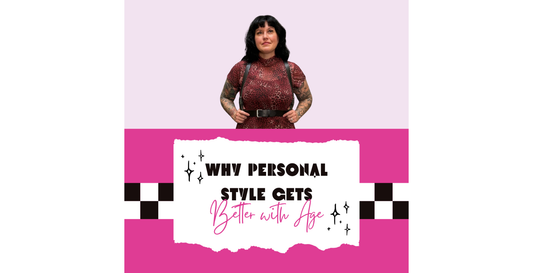 Rachel Nevarez wearing a red leopard print top with black harness details above a pink graphic reading “Why Personal Style Gets Better With Age.”
