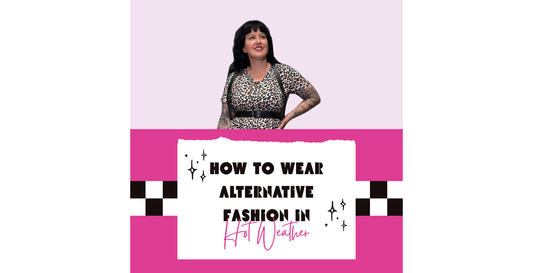 Alternative fashion summer style guide featuring a woman in a leopard print dress and black harness accessories with the title "How to Wear Alternative Fashion in Hot Weather."