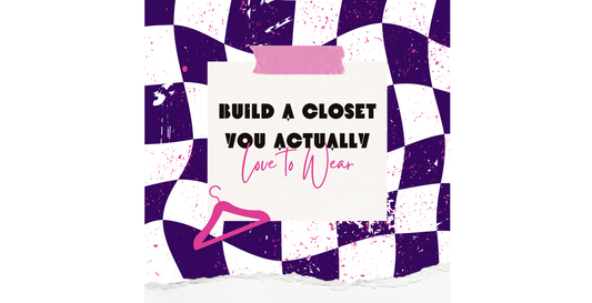 Build a Closet You Actually Love to Wear graphic featuring a purple checkered background, pink hanger illustration, and alternative fashion wardrobe guide by Rachel Nevarez.