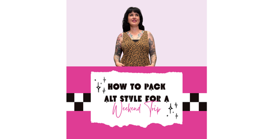 Fashion blog thumbnail featuring designer Rachel Nevarez wearing a leopard print dress. The graphic reads, “How to Pack Alt Style for a Weekend Trip,” with pink, black, and white design elements, including checkerboard accents and sparkles.