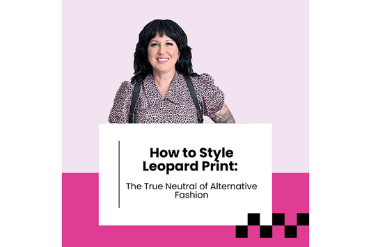 Woman wearing a purple leopard print blouse smiling against a pink background with a graphic overlay that reads “How to Style Leopard Print: The True Neutral of Alternative Fashion.