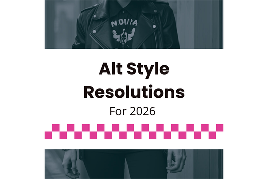 Alt style fashion blog header featuring a model in a black leather jacket with bold graphic text and pink checkered accents.