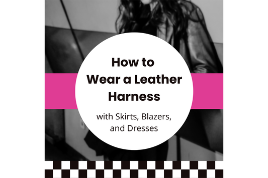 Alt fashion blog header featuring a model styled with a leather harness and bold graphic design elements.