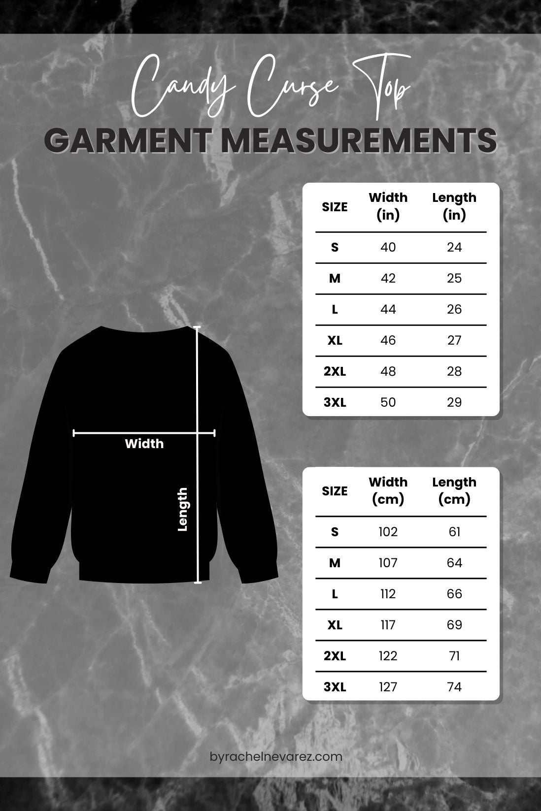 Garment measurements chart for a black top with size dimensions on a gray background.