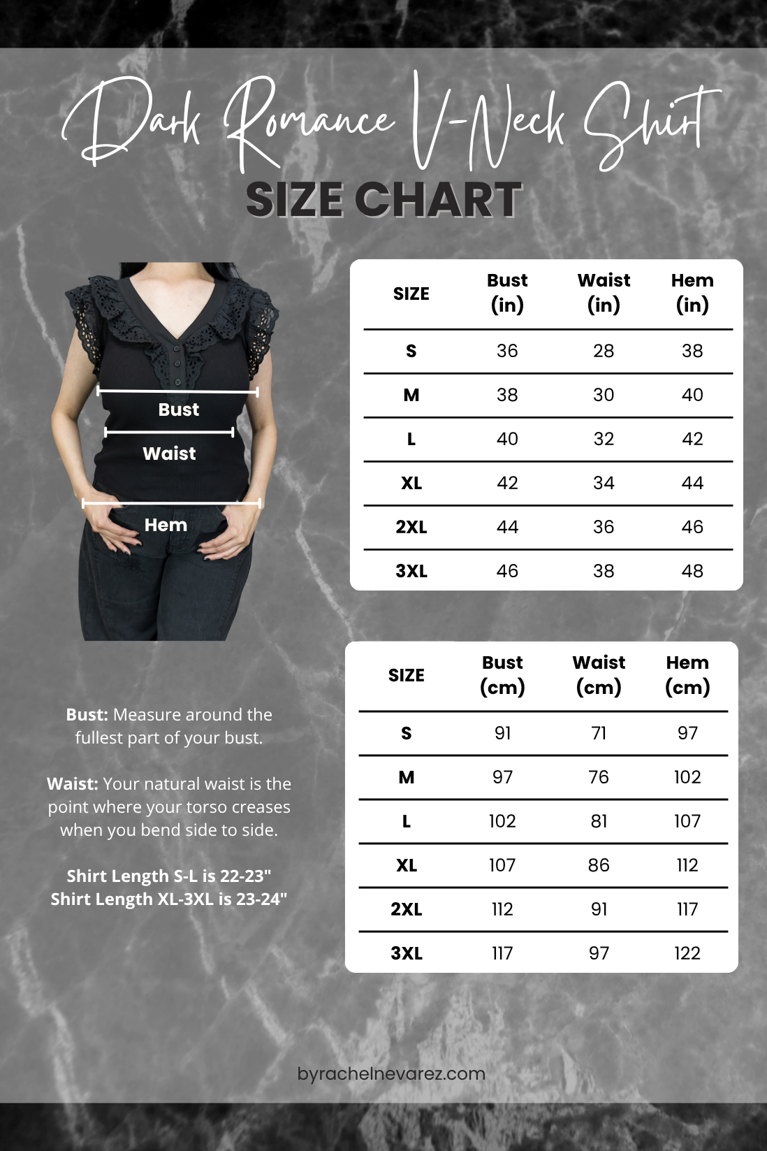 Size Chart for dark romance v neck shirt