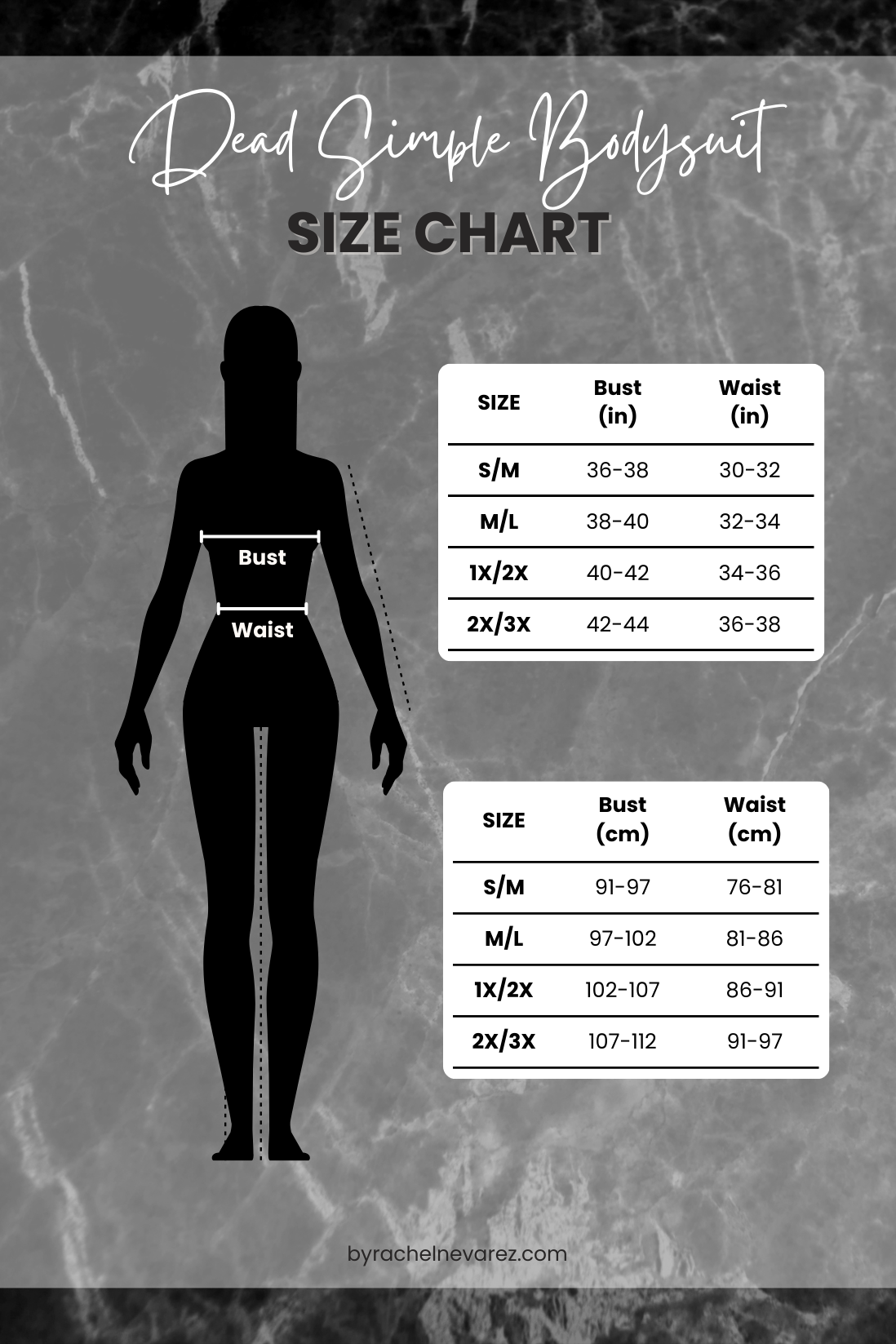 Size chart for 'Dead Simple Bodysuit' with bust and waist measurements on a gray background.