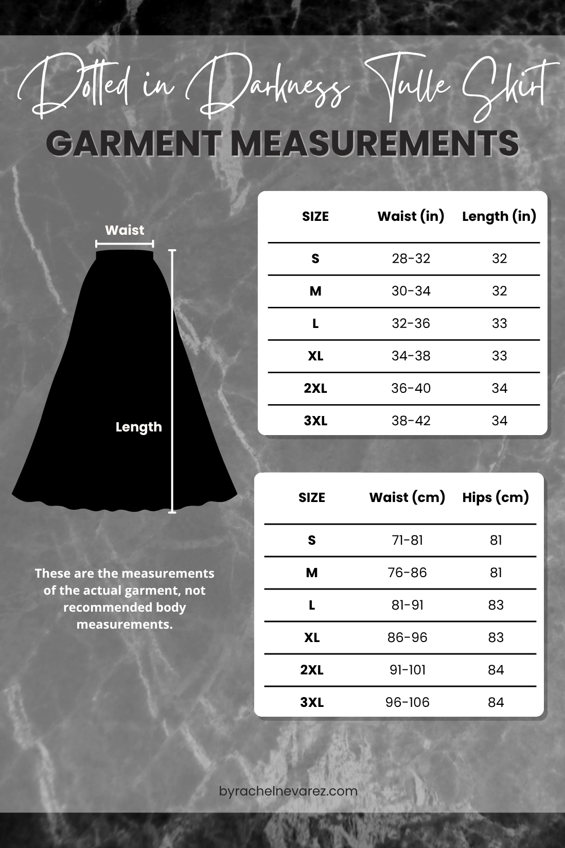 Garment measurements for clothing with a silhouette of a skirt and measurement details on a textured gray background.