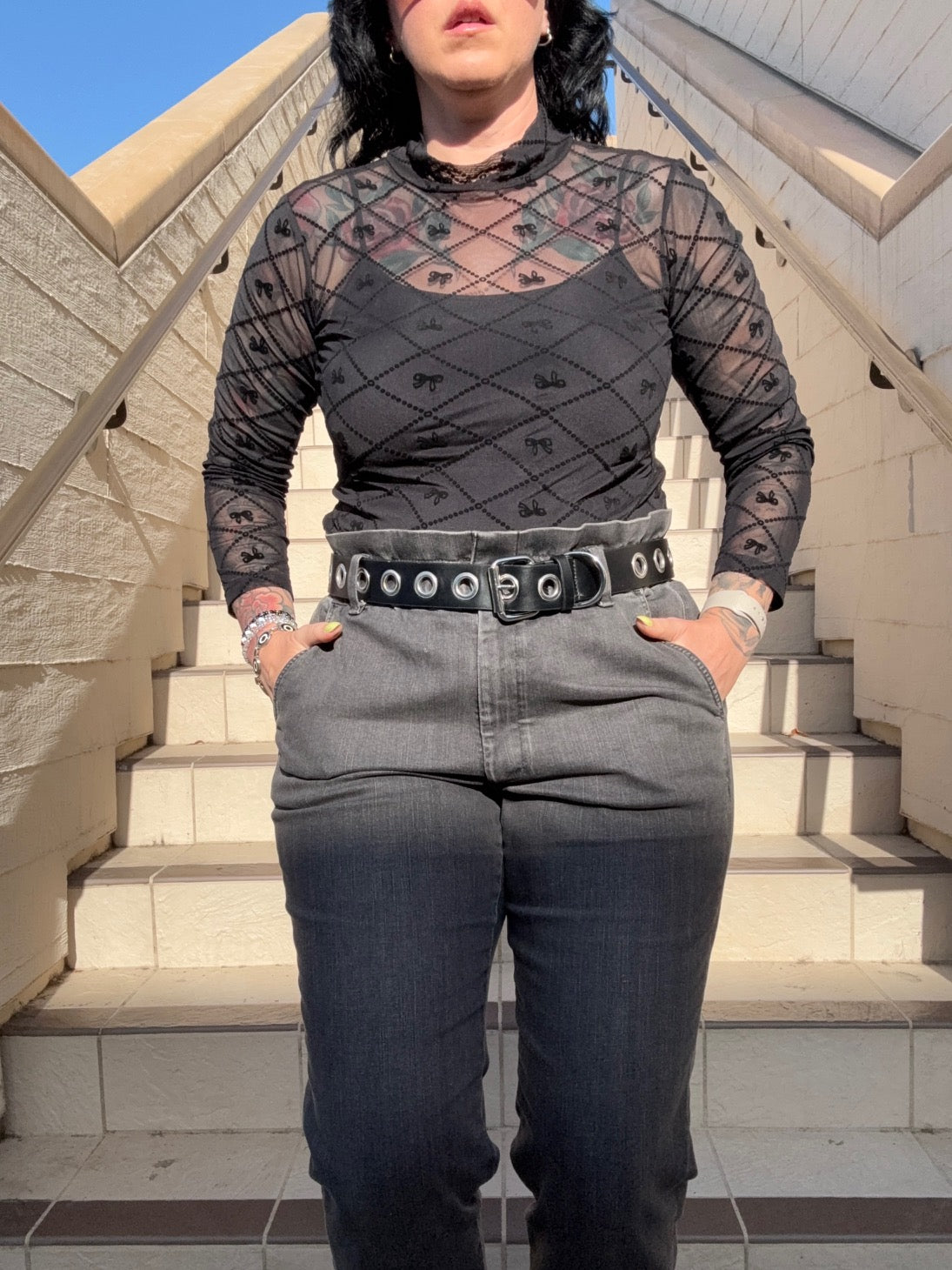 Mist Mesh Long Sleeve Top  - Black Bows