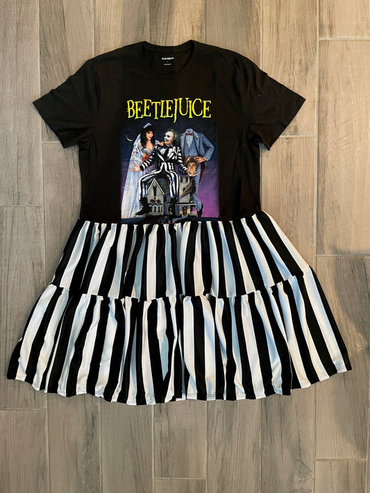 Upcycled Tee Dress - Beetlejuice/Stripes