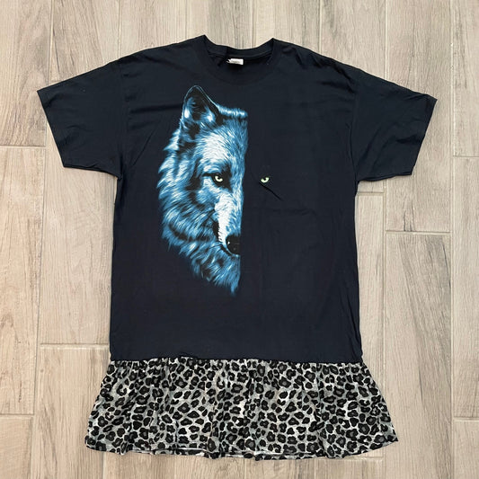 Upcycled Tee Dress - Wolf / Grey Leopard