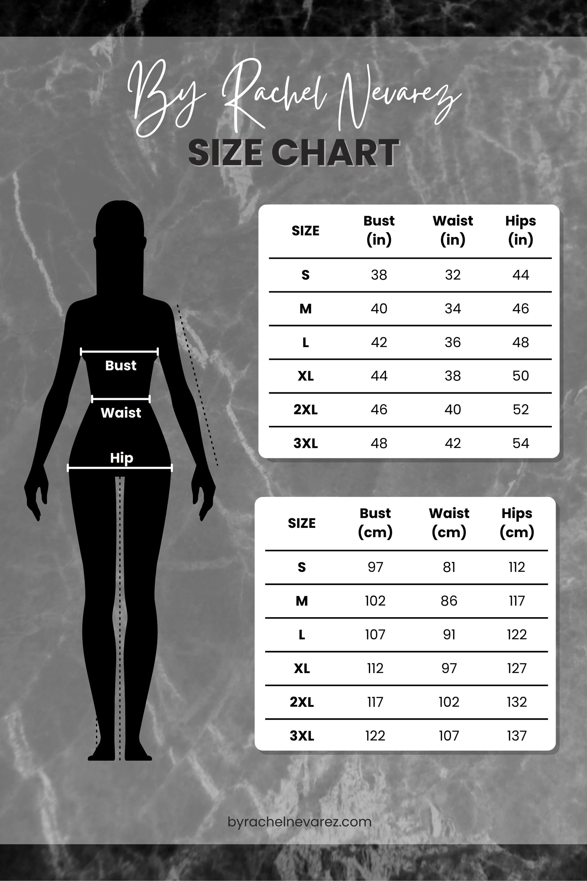 Size chart for clothing with a silhouette of a person and measurement details on a textured gray background.