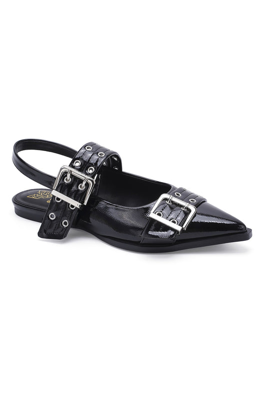 Black pointed-toe flat with buckles on a white background