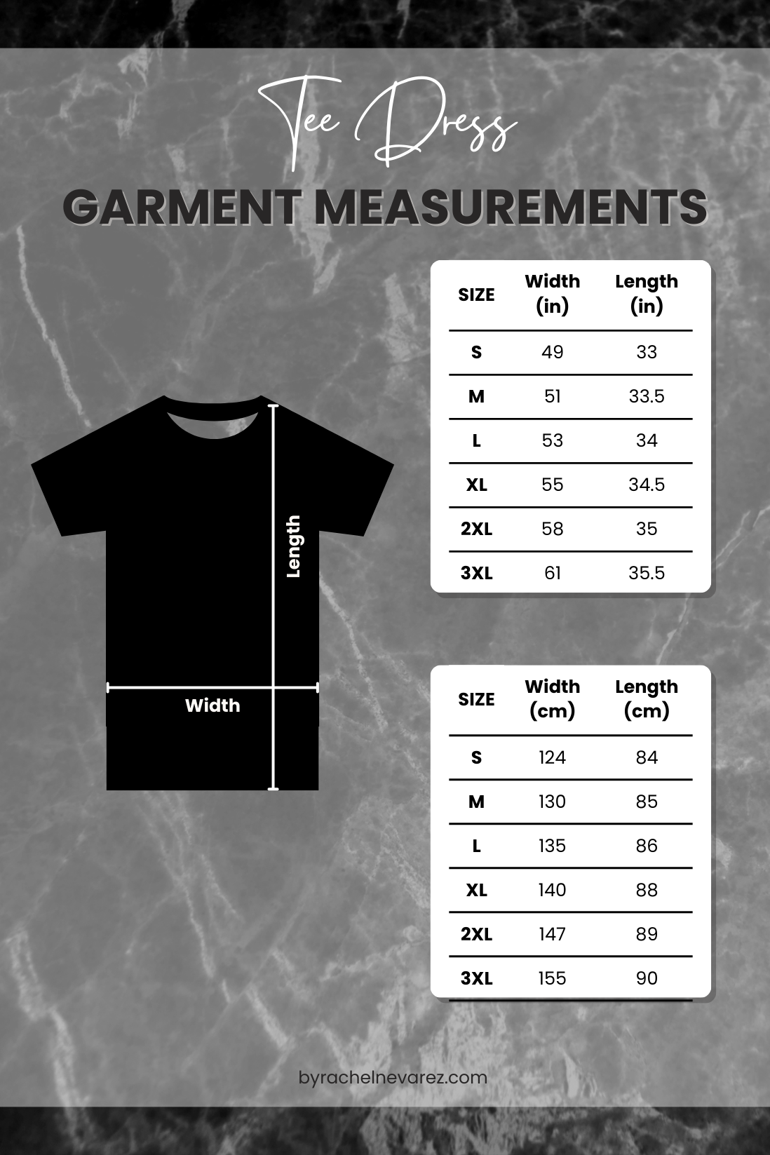 T-shirt dress measurement chart with size chart on a gray marble background