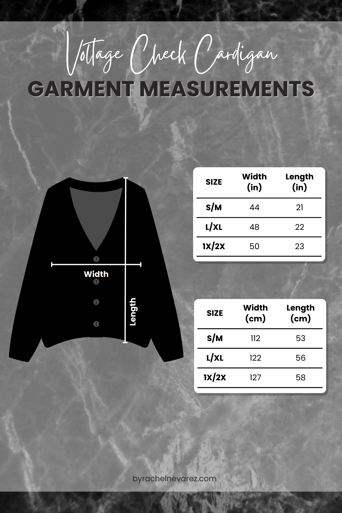 Vintage check cardigan measurement chart with size chart on a gray marble background