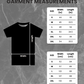 Garment measurements chart for a t-shirt with size dimensions in inches and centimeters on a textured gray background.
