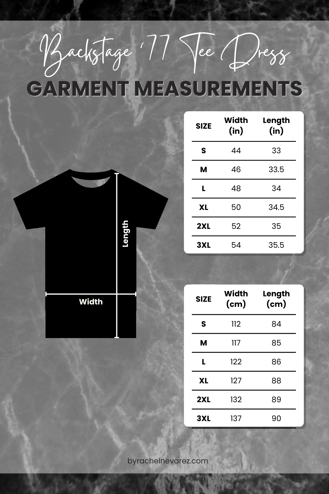 Garment measurements chart for a t-shirt with size dimensions in inches and centimeters on a textured gray background.
