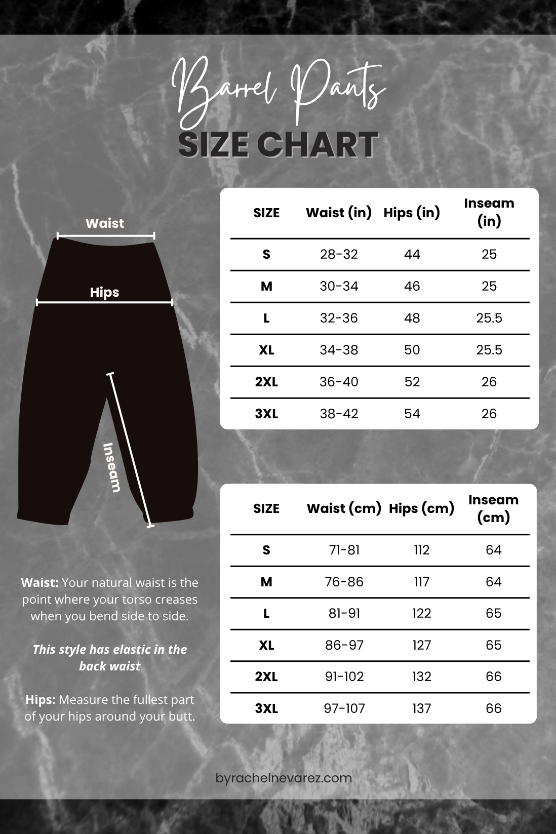 Size Chart for Barrel Pants