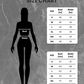 Size chart for clothing measurements by Rachel Nevarez on a textured gray background.