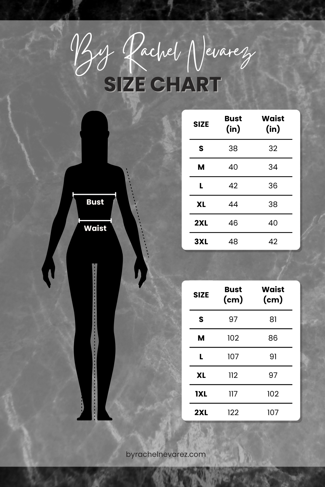 Size chart for clothing measurements by Rachel Nevarez on a textured gray background.