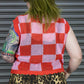 Person wearing a red and pink checkered vest with leopard print pants against a metallic background