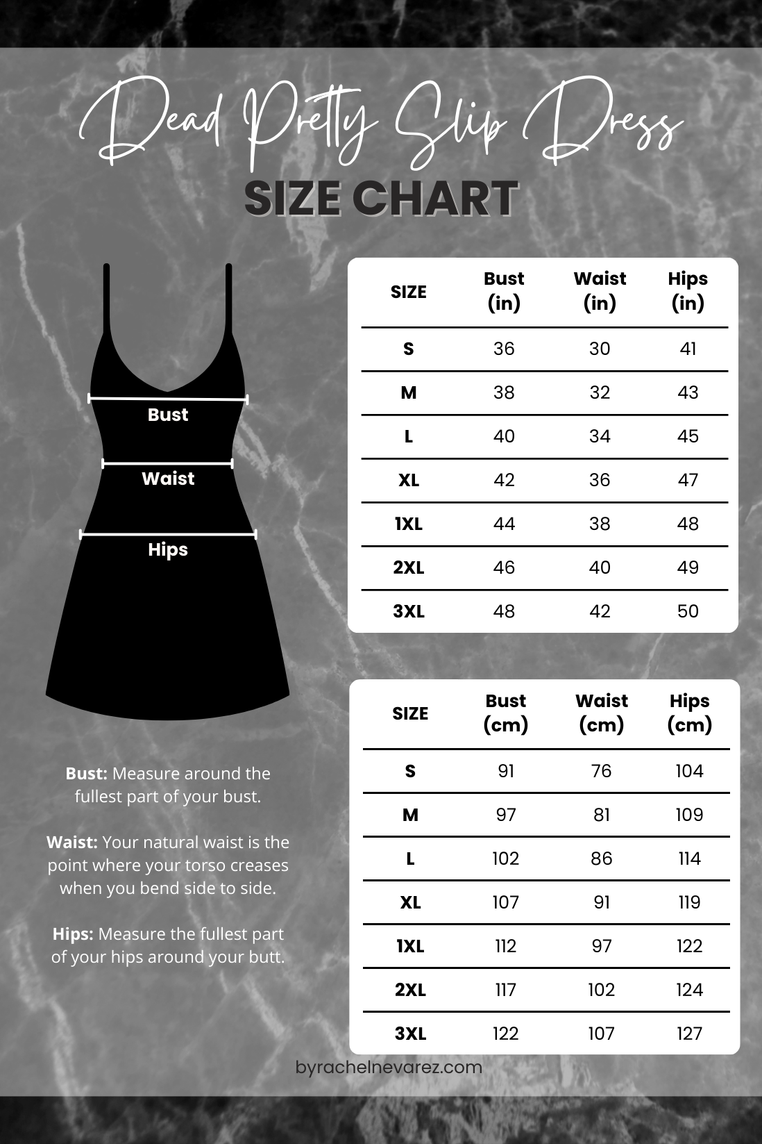 Size chart for a slip dress with measurements in inches and centimeters.