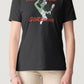 Woman wearing a black t-shirt with graphic design and text on a plain background
