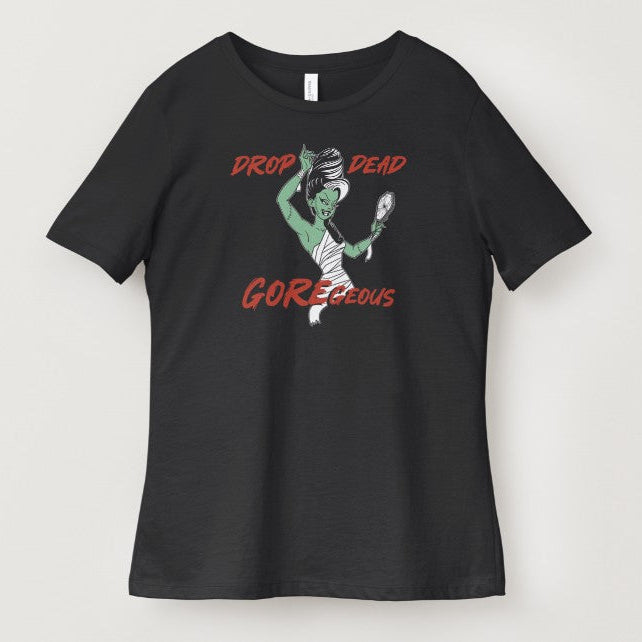 Black t-shirt with 'Drop Dead Gorgeous' graphic design on a white background