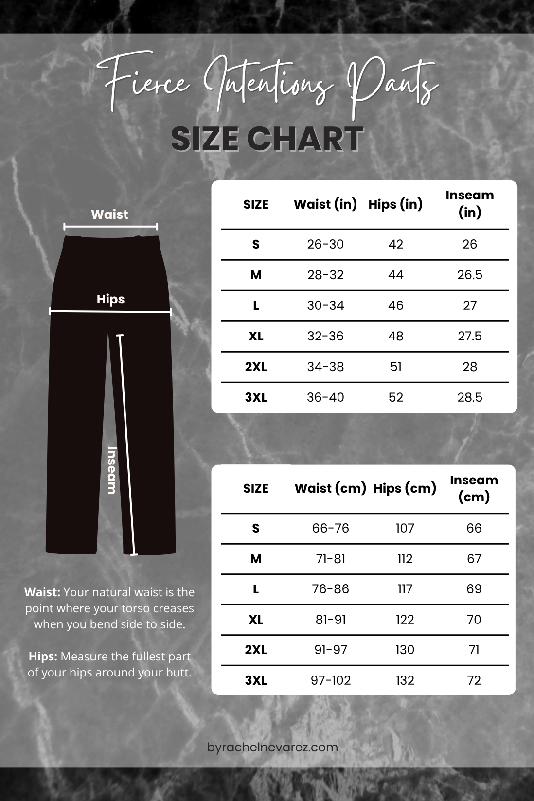 Size chart for 'Fierce Intentions' pants with measurements on a textured background