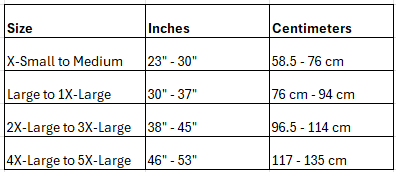 Size chart for harness from x-small to 5x-large.