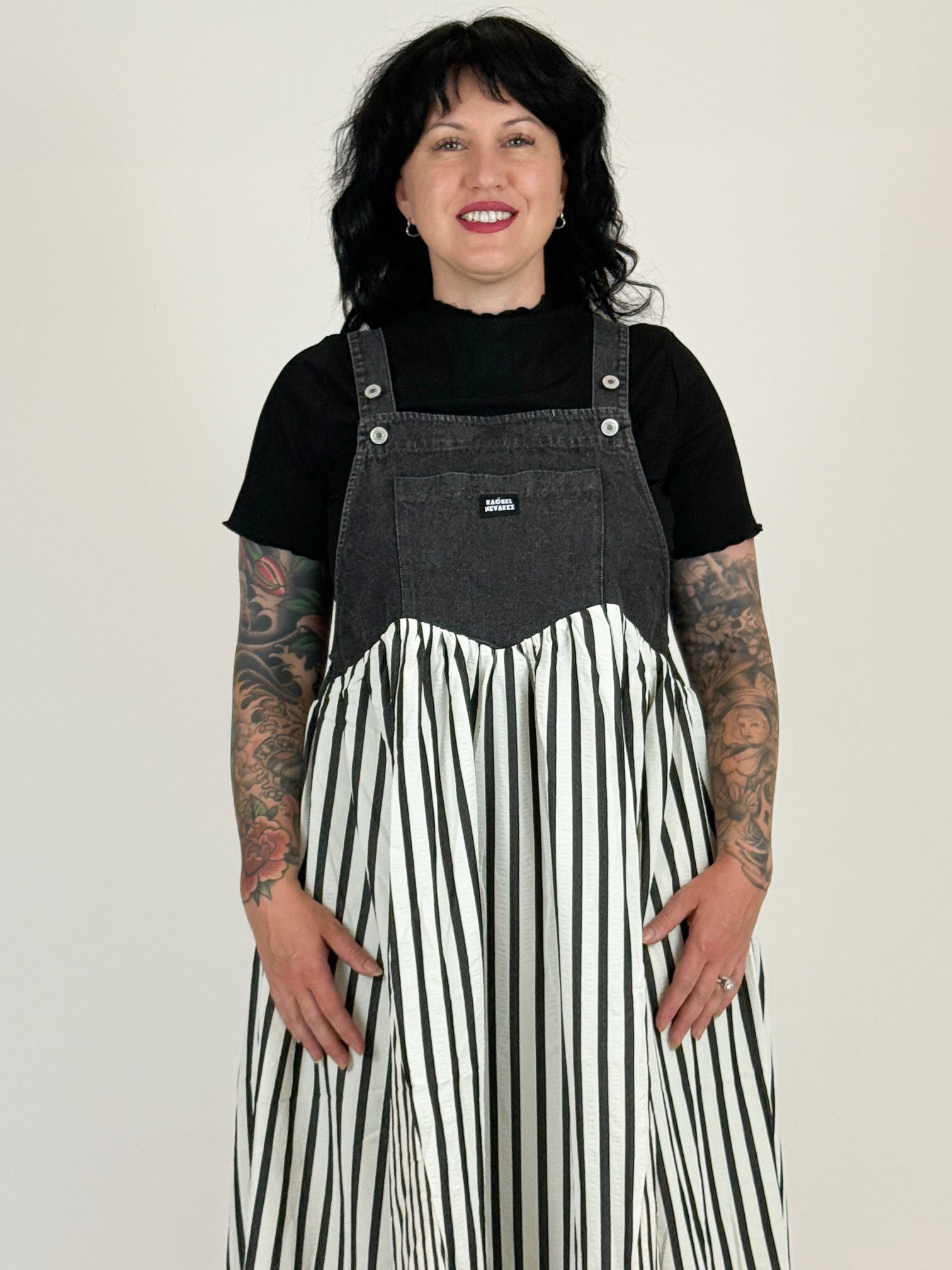 long sleeve overall dress Yako - Long-Sleeve Plain Shirt / Denim Midi A-Line Overall Dress with Belt