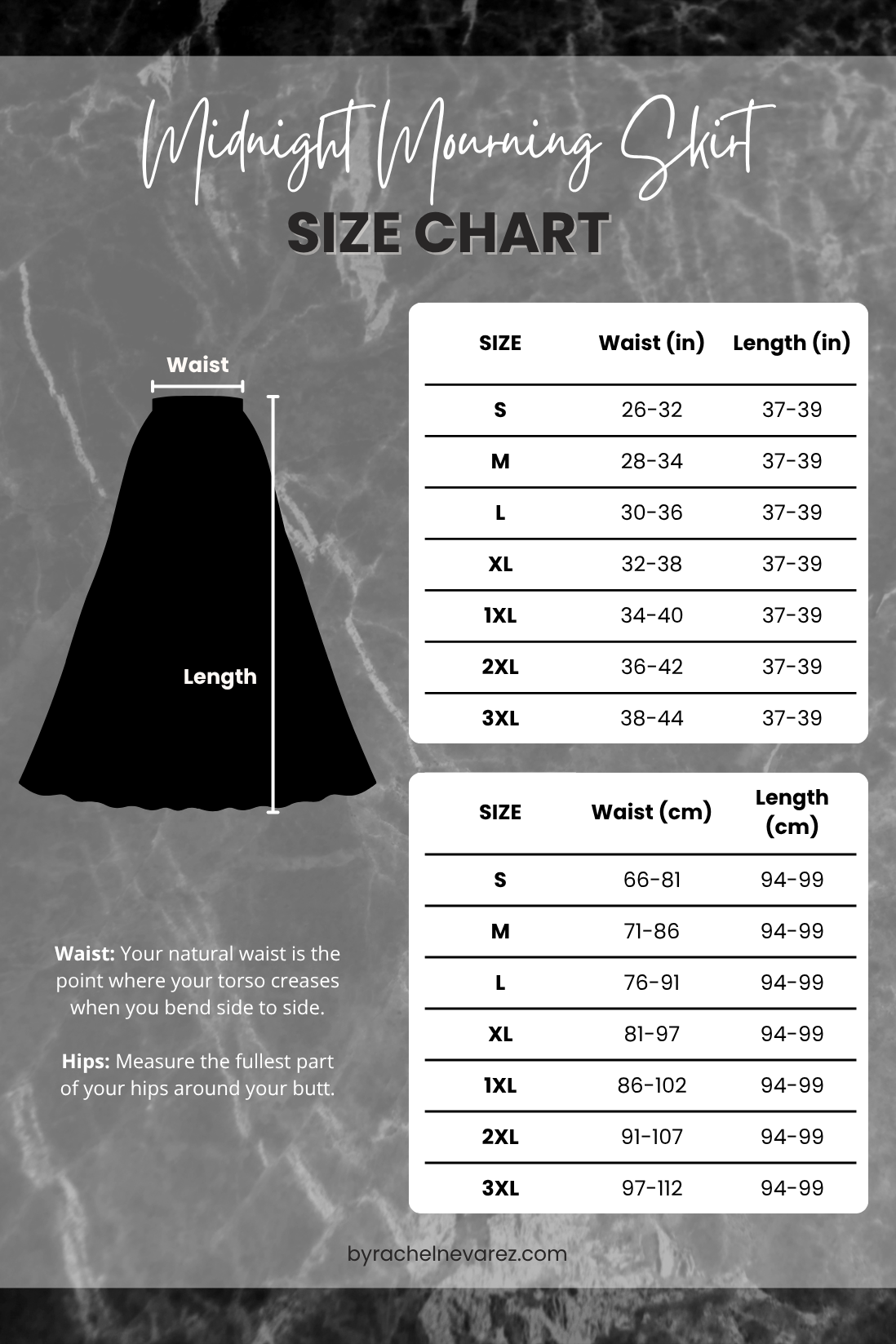 Size chart for 'Midnight Mourning Shirt' with measurements in inches and centimeters.