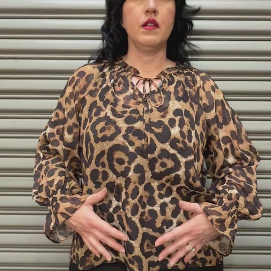 Women modeling leopard print top.