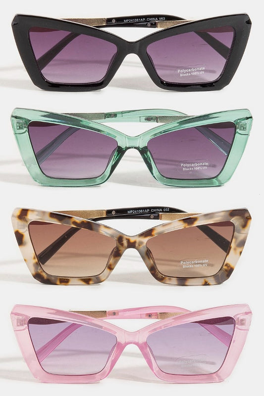 Four pairs of cat-eye sunglasses in different colors on a white background