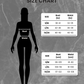 Size chart for clothing with bust and waist measurements on a gray background