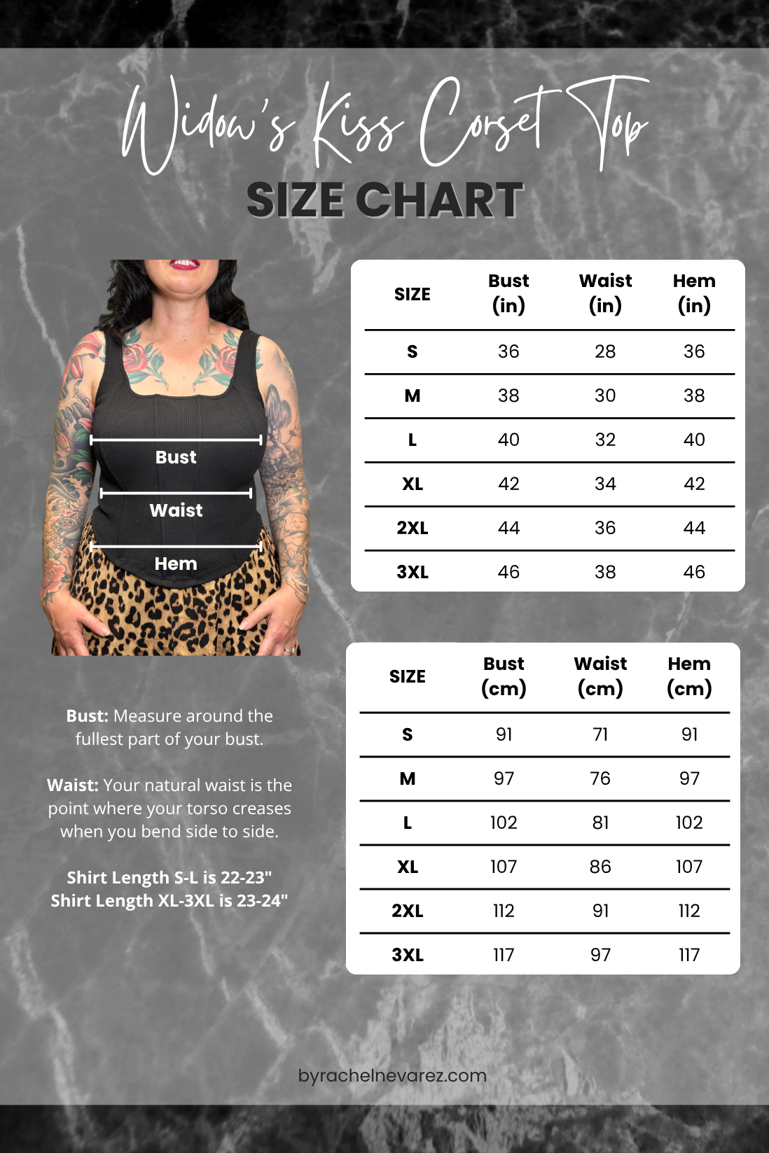 Size chart for Widow's Kiss Corset Top with a model wearing the top.