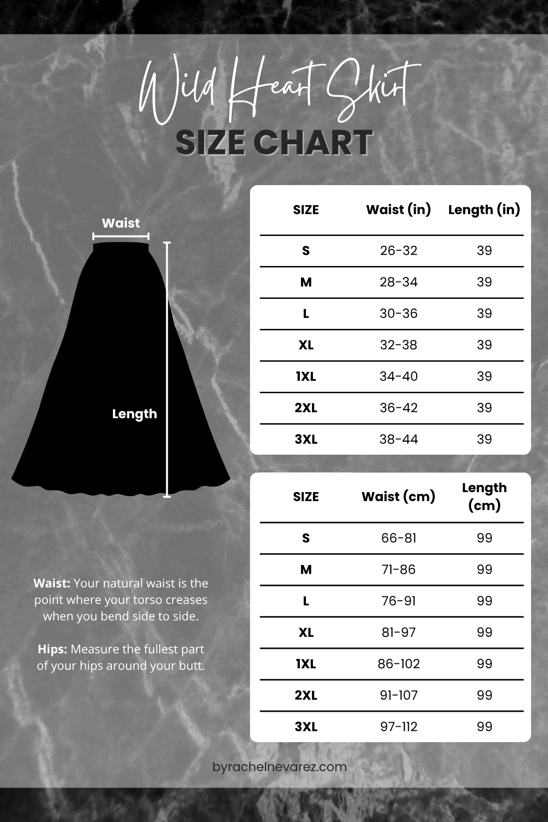 Size chart with measurements for waist and length on a textured background.