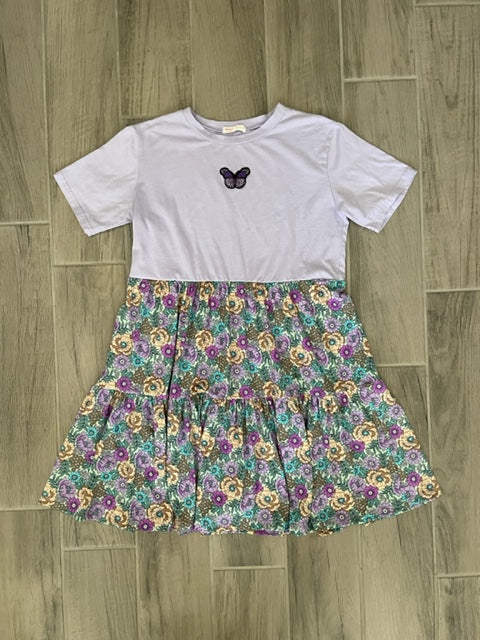 Upcycled Tee Dress - Embroidered Butterfly/Purple Floral